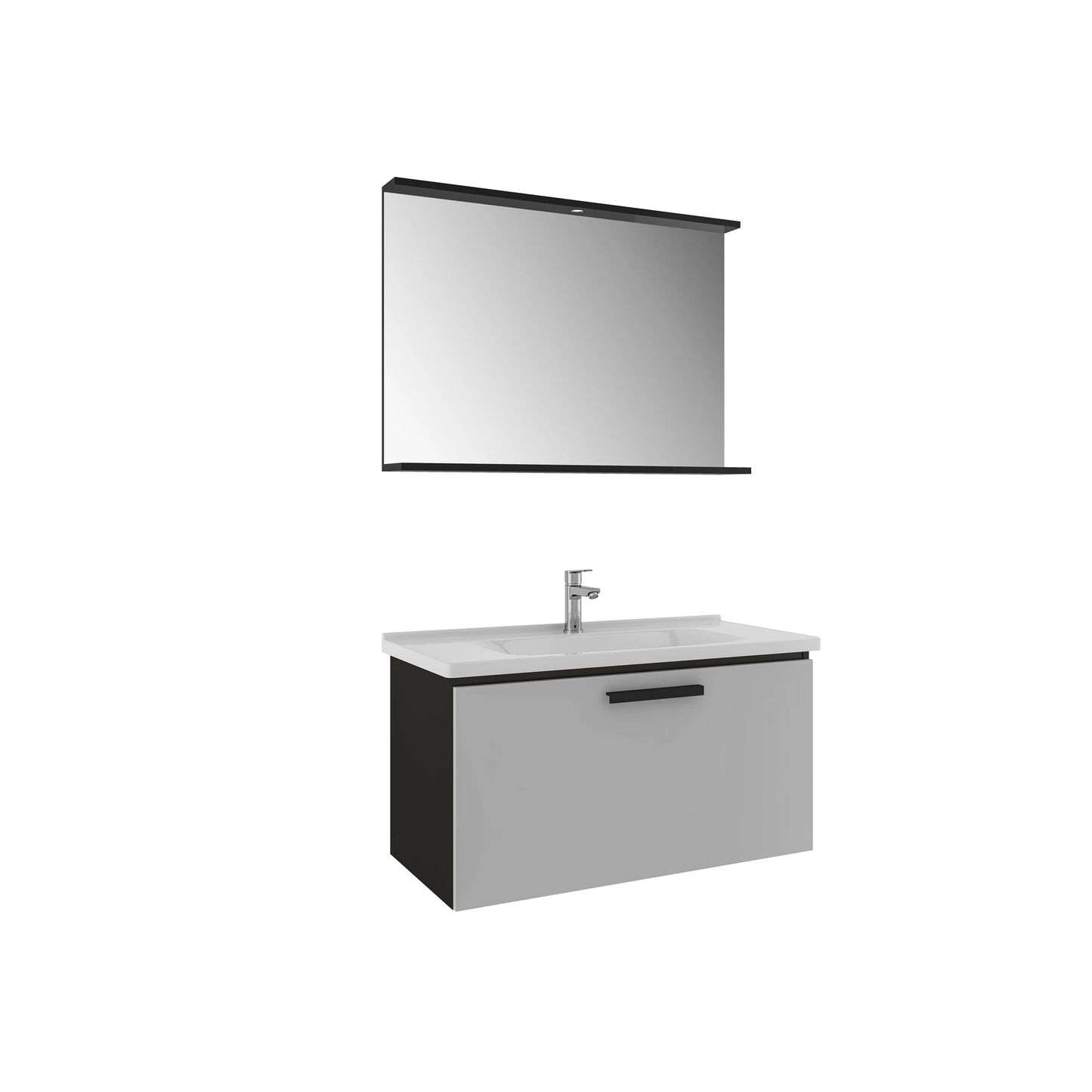 GRIS 100 CM SET SİYAH/GRİ (LAVABO+LAVABO DOLABI+AYDINLATMALI AYNA ETAJER)